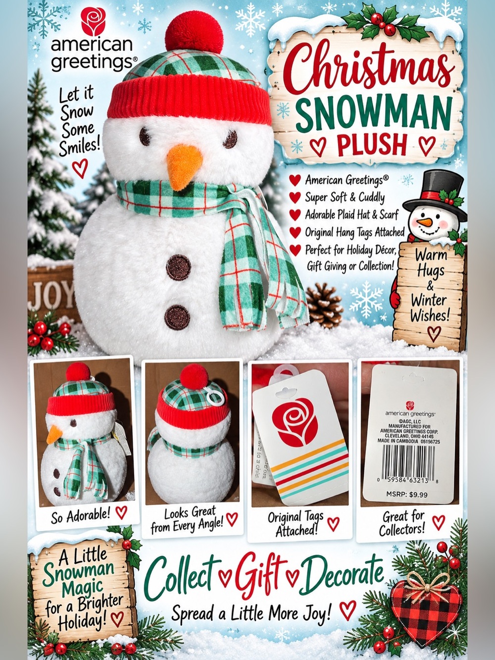 American Greetings Christmas Snowman Plush Plaid Hat Scarf NWT Holiday Decor